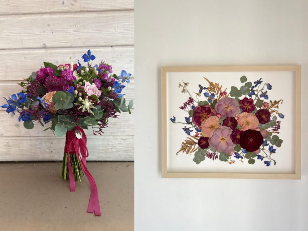 antes y después de como conservar ramo de novia en un cuadro artístico